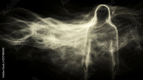 Ethereal silhouette of a human-like figure emerging from swirling smoke against a dark backdrop, exuding a surreal and mystical atmosphere. Perfect for abstract and fantasy-inspired themes.