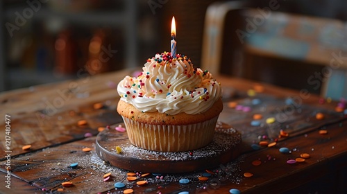A delicious white cup cake adorned with a solitary candle and sprinkled with colorful bunties on wooden table
