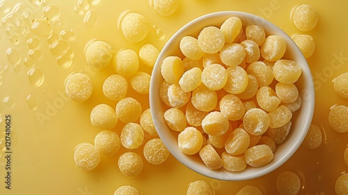 Top view of delicious sweet yellow candies on bowl and on yellow surface 