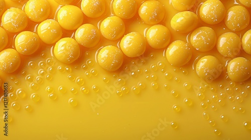 Top view of so many egg yolk arranged over yellow wet surface 
