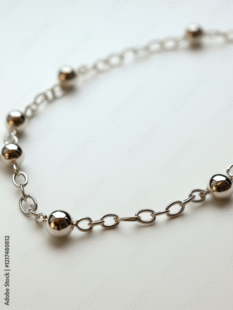 A silver chain necklace with spherical beads, showcasing elegance and style. A silver chain necklace with spherical beads, showcasing elegance and style.