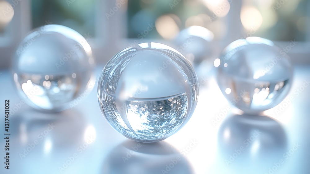 Crystal balls reflecting light on white surface in bright room Crystal balls reflecting light on white surface in bright room