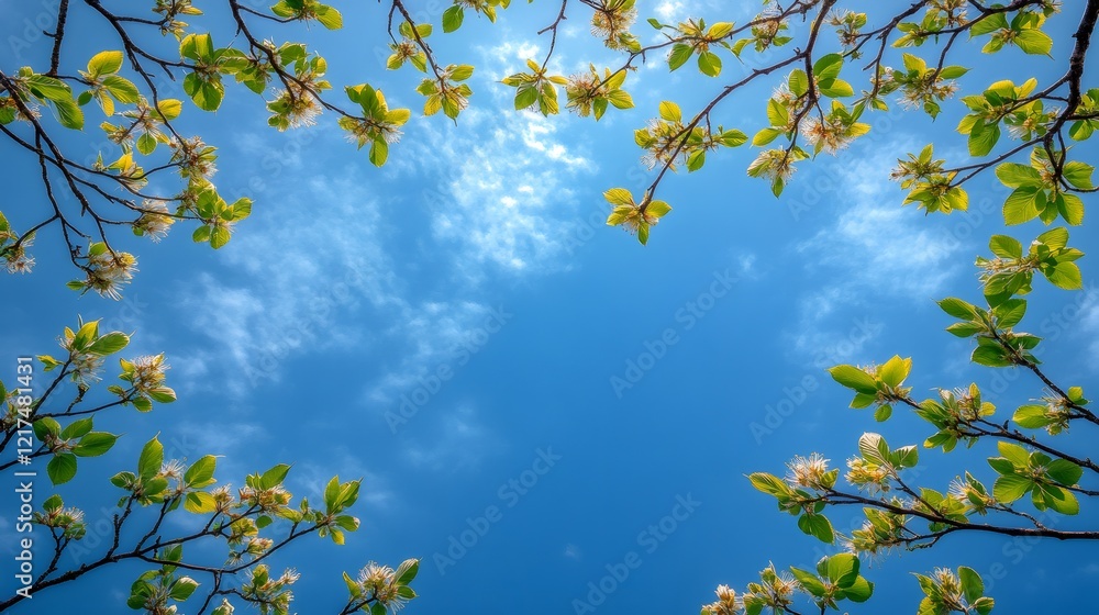 Spring branches framing vibrant blue sky with wispy clouds Spring branches framing vibrant blue sky with wispy clouds