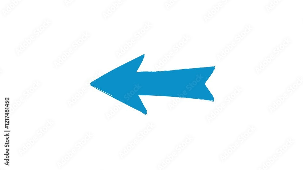 Blue pointing eye-catching arrow left down moving in stop motion animation style hand drawn on white background