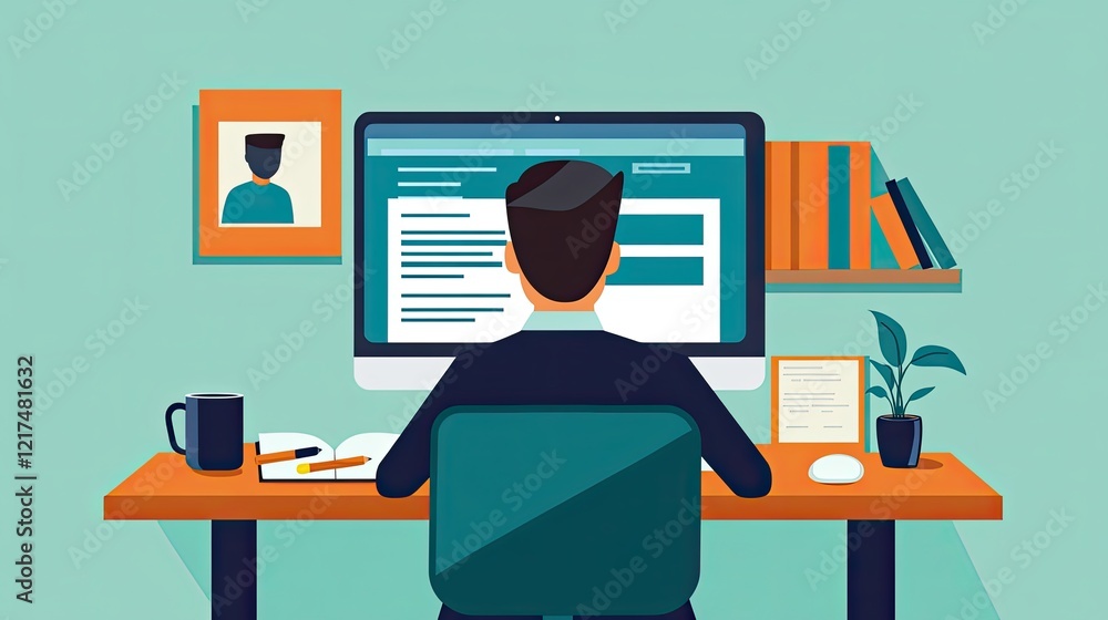 Modern Workspace: Focused Individual at Computer Modern Workspace: Focused Individual at Computer