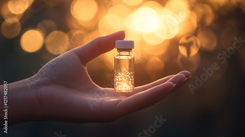 Hand holding a glowing vial with homeopathic pellets against a golden sunset, with copy space, symbolizing natural remedies and hope.