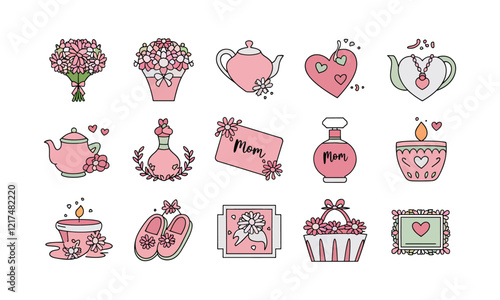 Set of Vector Illustrations Featuring Mothers Day Gifts and Floral Decorations