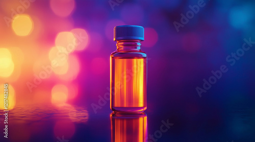 Vibrant vial of glowing liquid on a reflective surface with colorful bokeh lights, with copy space, symbolizing energy and vitality.