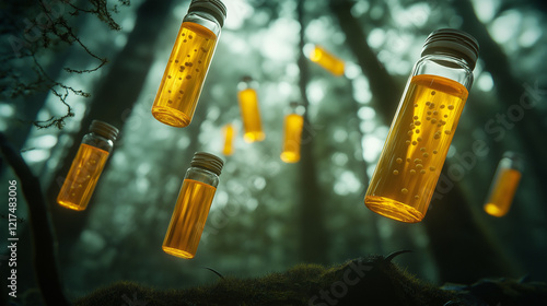 Floating amber vials in a mystical forest setting with soft light, symbolizing natural remedies and enchanting wellness.