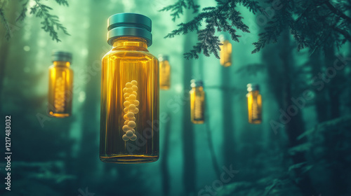 Amber vials with glowing herbs floating in a mystical forest, with copy space, symbolizing natural remedies and magical wellness.
