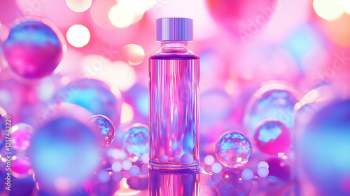 Glass vial surrounded by vibrant pink and blue bubbles on a reflective surface, with copy space, symbolizing modern aesthetics and holistic wellness.