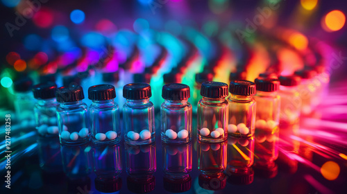 Row of glass vials with homeopathic pellets on a reflective surface, surrounded by vibrant rainbow lighting, with copy space, symbolizing holistic wellness and natural remedies.