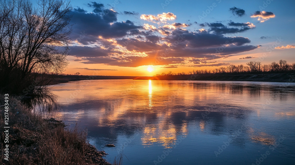 Fototapeta premium Sunset over a calm river, with vibrant orange and yellow hues reflecting on the water. The sky is filled with clouds, creating a dramatic atmosphere. Silhouettes of trees line the riverbank