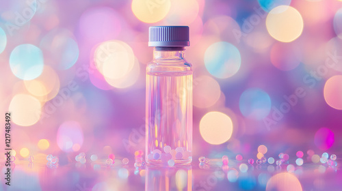 Glass vial with homeopathic remedies on a reflective surface, surrounded by pink and purple bokeh lights, with copy space, symbolizing natural healing and holistic wellness.