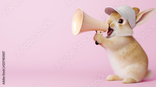 A playful, light-brown Easter rabbit wearing a cute cap while holding a megaphone, set against a vibrant pink background