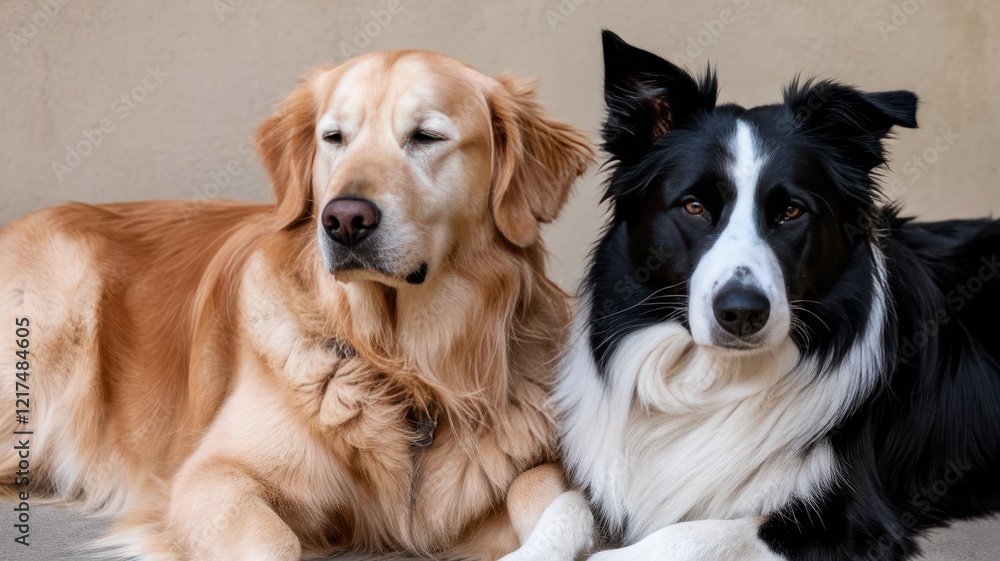 A golden retriever and a border collie relax together, enjoying each other's company in a tranquil setting. A golden retriever and a border collie relax together, enjoying each other's company in a tranquil setting.