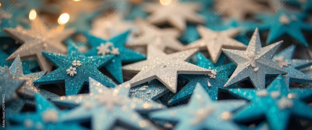 A dazzling array of blue and silver stars, adorned with glitter and delicate snowflakes, captures the essence of winter magic. This enchanting scene, illuminated by soft lights, evokes feelings of joy A dazzling array of blue and silver stars, adorned with glitter and delicate snowflakes, captures the essence of winter magic. This enchanting scene, illuminated by soft lights, evokes feelings of joy