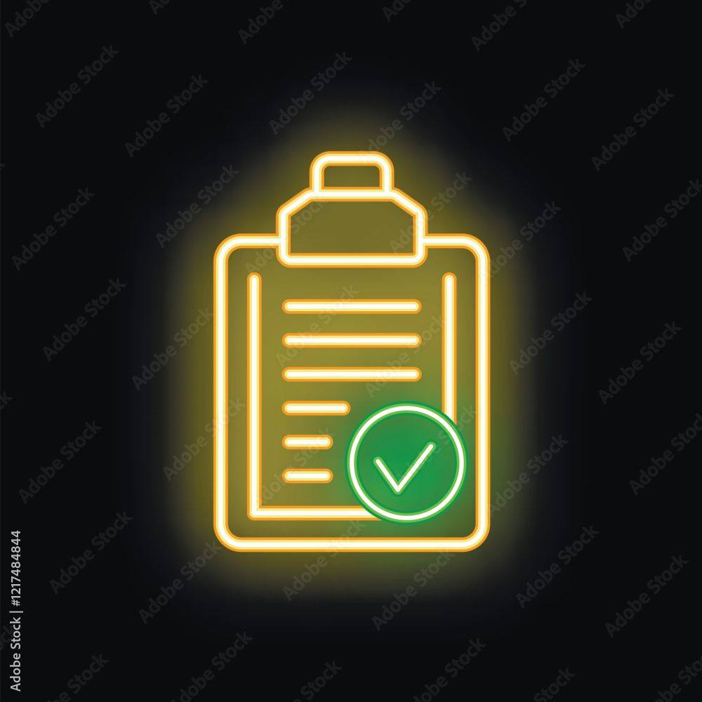 Glowing neon sign showing a clipboard with a checked checklist on a black background Glowing neon sign showing a clipboard with a checked checklist on a black background