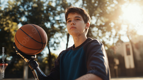 Teen boy with a prosthetic arm holding a basketball outdoors, symbolizing resilience and determination in sports.