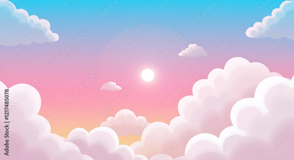 Fototapeta premium Dreamy Cartoon Background with Fluffy Clouds, Gradient Sky, and Bright Sun