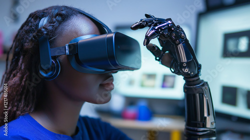 Woman using VR headset with a robotic prosthetic arm, symbolizing innovation and the future of human-technology interaction.