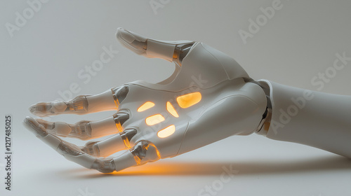 Robotic prosthetic hand with glowing elements in a minimalistic setting, symbolizing advanced technology and innovation.