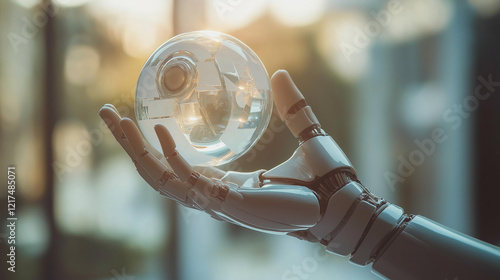 Robotic prosthetic hand holding a crystal sphere in soft sunlight, symbolizing futuristic technology and vision.