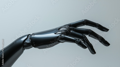 Close-up of a sleek black robotic hand with an open palm, symbolizing futuristic technology and innovation.