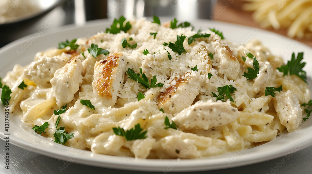 A clean plate of chicken Alfredo pasta garnished with parsley and grated Parmesan served under bright studio lighting A clean plate of chicken Alfredo pasta garnished with parsley and grated Parmesan served under bright studio lighting