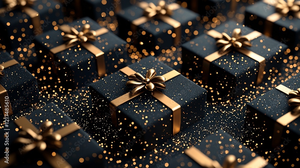 Elegant black gift boxes with gold ribbons and glitter. Elegant black gift boxes with gold ribbons and glitter.
