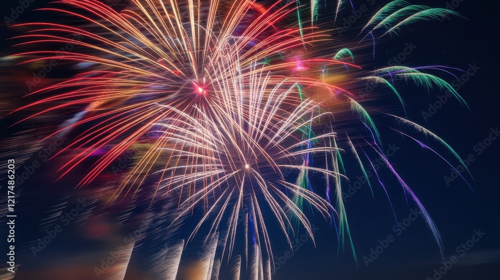 Vibrant fireworks bursting in the night sky, showcasing a colorful display of reds, blues, and greens, capturing the spirit of celebration and joy. Vibrant fireworks bursting in the night sky, showcasing a colorful display of reds, blues, and greens, capturing the spirit of celebration and joy.