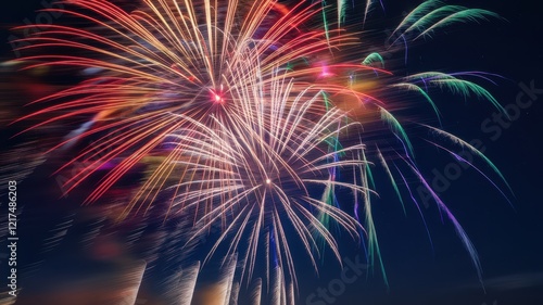 Wallpaper Mural Vibrant fireworks bursting in the night sky, showcasing a colorful display of reds, blues, and greens, capturing the spirit of celebration and joy. Torontodigital.ca