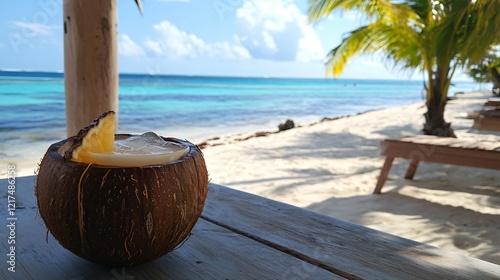 Wallpaper Mural A refreshing pina colada served in a coconut shell, beach, sea, ocean, sky, sand, water, tropical, island, summer, landscape, coast, nature, travel, vacation, wave, seascape, cloud, boat, holiday, par Torontodigital.ca