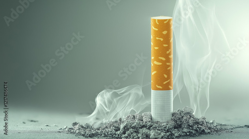 Extinguished cigarette butt in ashes with rising smoke on light background, symbolizing the end of smoking and health awareness.