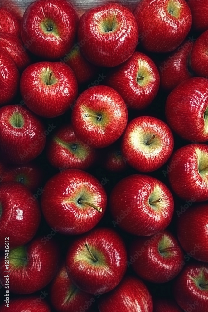 A close-up view shows many shiny, red apples piled together. The image is simple but highlights the color, shine and texture of the apples. A close-up view shows many shiny, red apples piled together. The image is simple but highlights the color, shine and texture of the apples.
