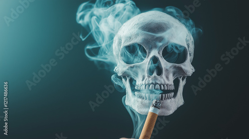 Smoking skull surrounded by smoke in dark background, symbolizing health risks and anti-smoking awareness.