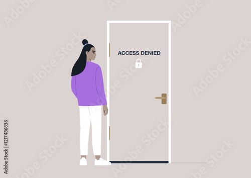 A young character stands thoughtfully by a locked door labeled Access Denied, pondering the barriers they face in their journey towards discovering new possibilities for growth and exploration