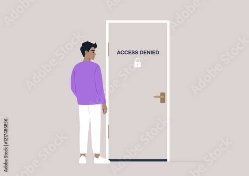 A young character stands thoughtfully by a locked door labeled Access Denied, pondering the barriers they face in their journey towards discovering new possibilities for growth and exploration