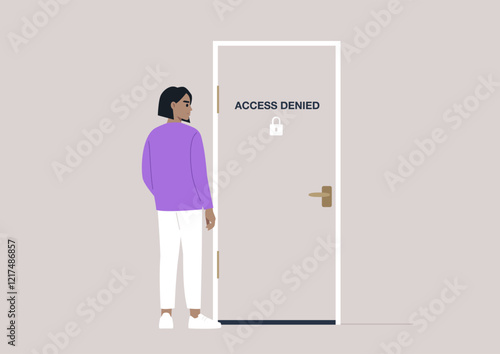 A young character stands thoughtfully by a locked door labeled Access Denied, pondering the barriers they face in their journey towards discovering new possibilities for growth and exploration