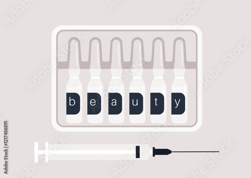 A collection of beauty injection vials arranged neatly next to a syringe, showcasing the aesthetics of modern cosmetology and self-care practices in a serene setting