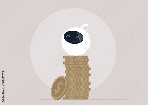 A playful robot perches confidently on a tower of golden coins, symbolizing the intersection of technology and wealth in a minimalist, imaginative environment filled with modern design elements