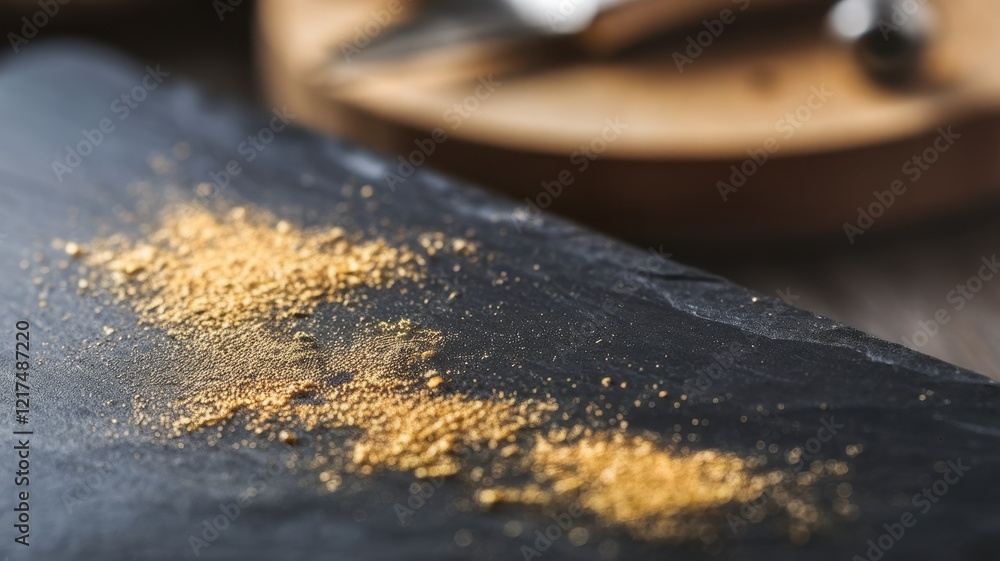 A close-up shot of golden spices scattered on a black slate surface, create a vibrant contrast with the rustic wooden background. A close-up shot of golden spices scattered on a black slate surface, create a vibrant contrast with the rustic wooden background.