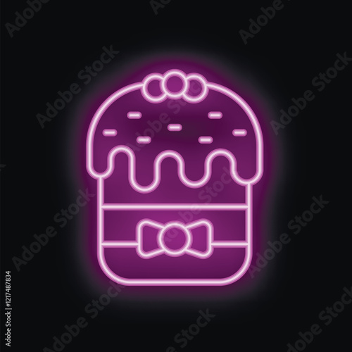 Neon sign depicting a traditional easter cake decorated with icing and a bow, glowing with a vibrant purple hue