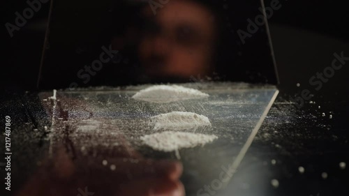 Person planning to get high with illegal dangerous street opioid Fentanyl drugs, white powder crystalline. Widespread misuse of prescription drugs. Illegal drug markets and Over prescription addiction