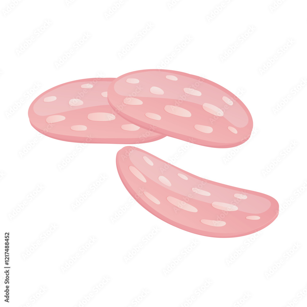Salami slices in flat design. Deli butcher product, pepperoni sausage. Vector illustration isolated. Salami slices in flat design. Deli butcher product, pepperoni sausage. Vector illustration isolated.