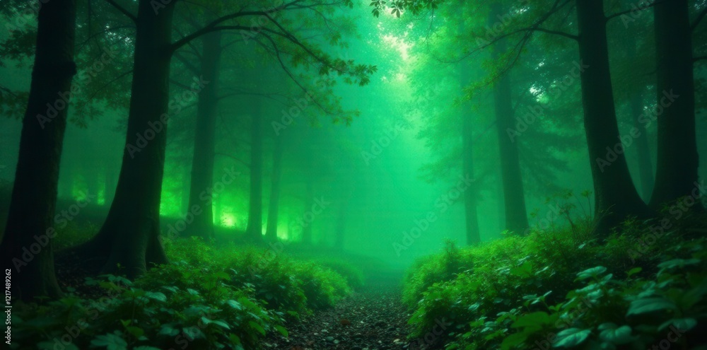 Fototapeta premium Flickering green lights dance on misty forest floor, mystic woods, dense foliage