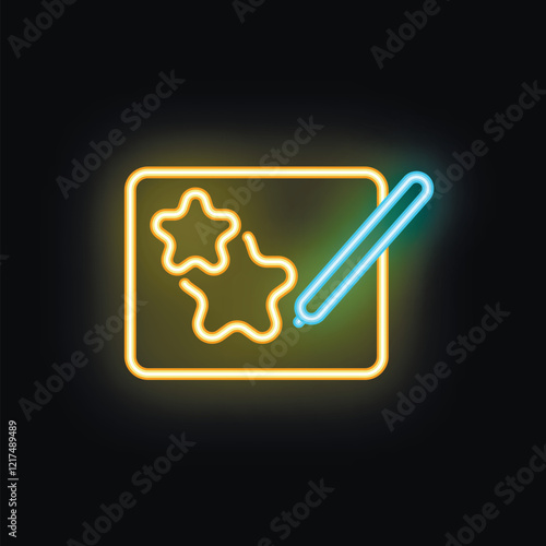 Neon sign of a stylus drawing stars on a graphic tablet, representing creativity and digital art