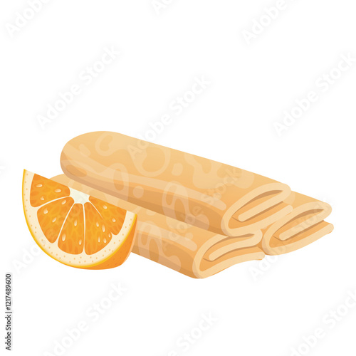 Pancakes with orange in flat design. Sweet homemade meal with fruit. Vector illustration isolated.