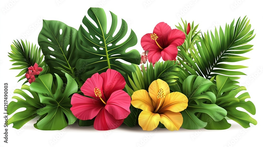 Obraz premium Tropical hibiscus flowers, lush foliage, white background, design element