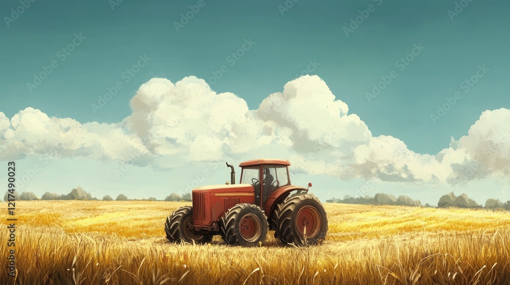 Obraz premium Tranquil Farm Scene: A Red Tractor in a Golden Wheat Field Under a Cloudy Sky